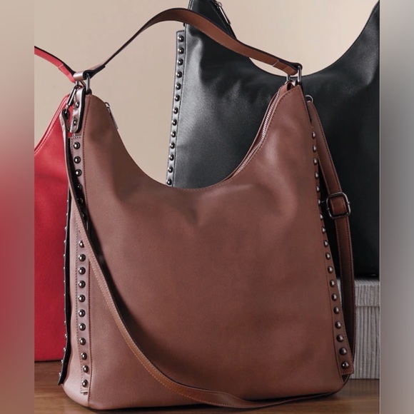Mellow World Handbags - Marion Studded Chocolate Brown Soft Vegan Leather Hobo Bag with Extra Strap NWT
